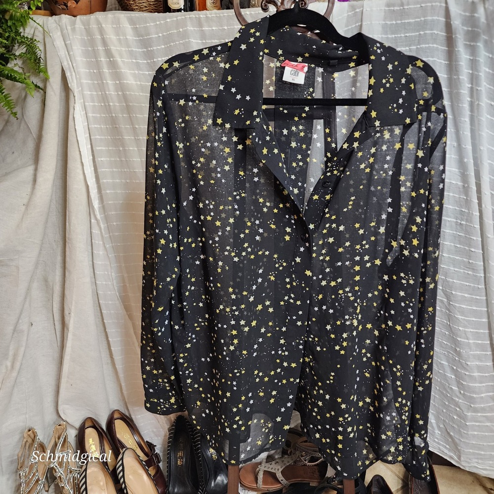 Cabi Galaxy Blouse Black Star Print Sheer Chiffon Button Down Top XL 3592